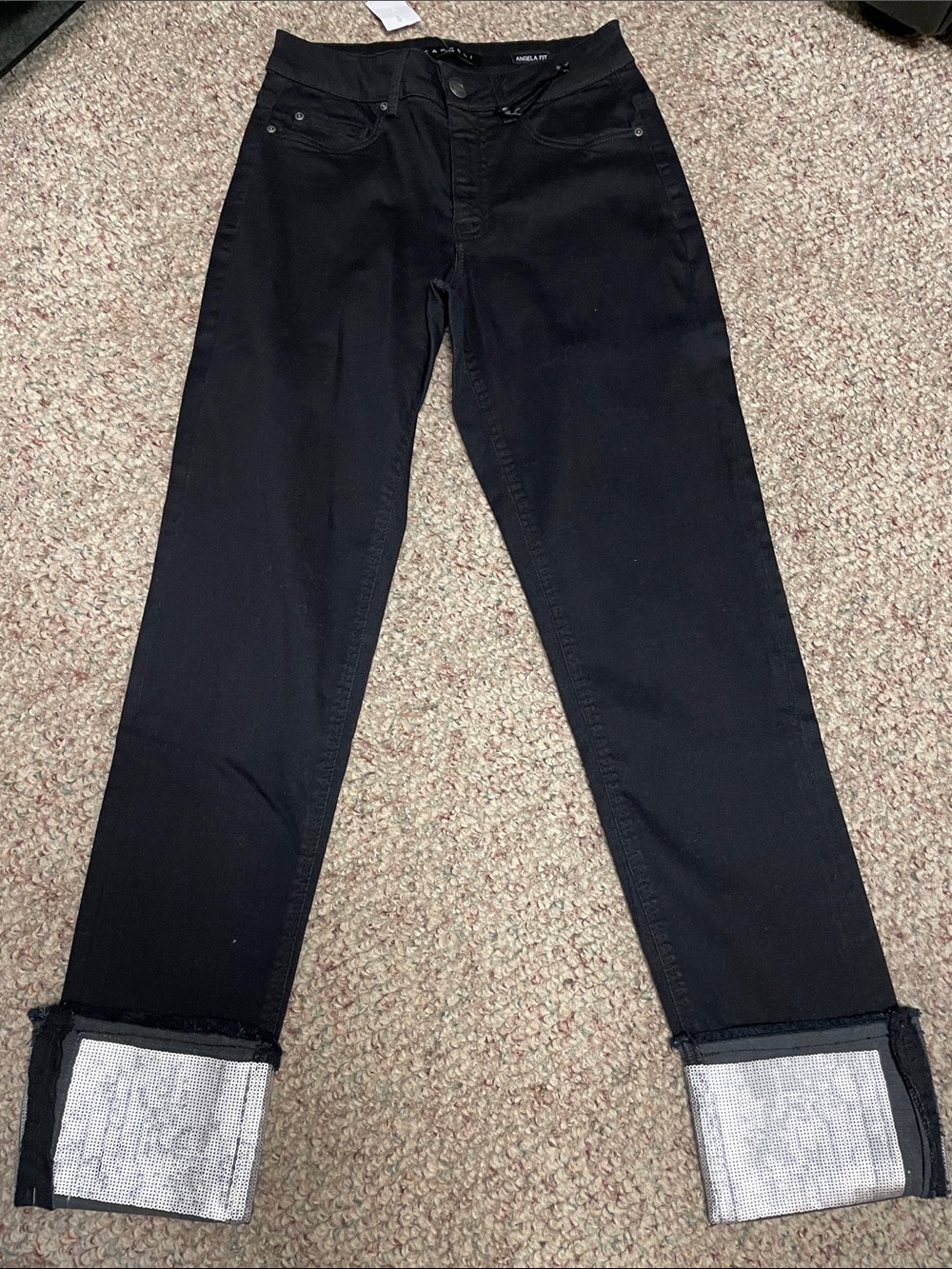 Carreli sequin folded cuff high rise straight leg black jeans